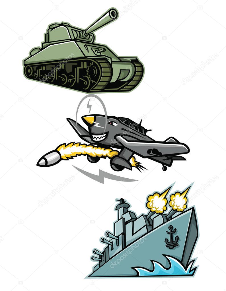 Mascot icon illustration set of World War 2 military vehicles like the American M4 Sherman medium tank, the Junkers Ju 87 or Stuka German  dive bomber and an American destroyer warship or battleship viewed from low angle on isolated background in ret