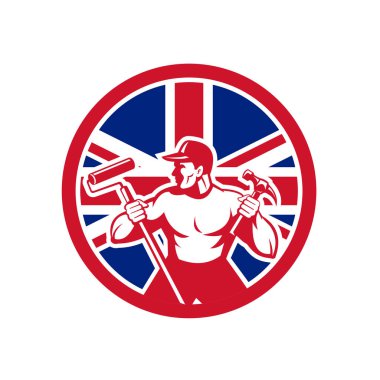 Bir İngiliz profesyonel tamirci ya da ev bakım elemanı ile Birleşik Krallık İngiltere, Büyük Britanya'nın Birliği Jack bayrak izole arka plan üzerinde daire içinde Ayarla simgesini retro tarzı gösteren resim.