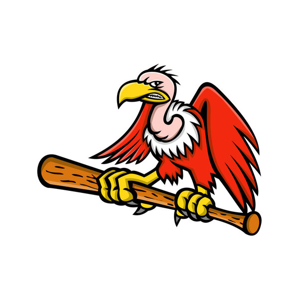 Mascot icon illustration of a Californian or Andean condor, vulture or buzzard, a scavenging bird of prey, clutching perching on a baseball bat viewed from front on isolated background in retro style.