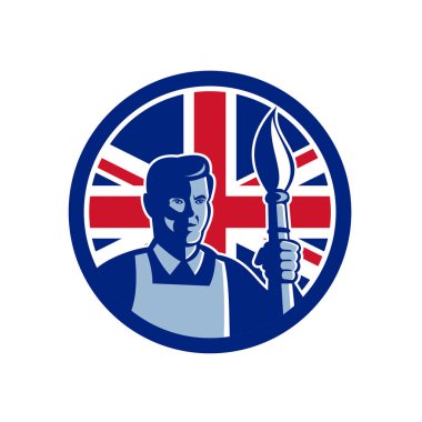 Bir İngiliz sanatçı veya boya fırçası ile Birleşik Krallık İngiltere, Büyük Britanya'nın Birliği Jack bayrak izole arka plan üzerinde daire içinde ayarla tutan ressam simgesi retro tarzı gösteren resim.