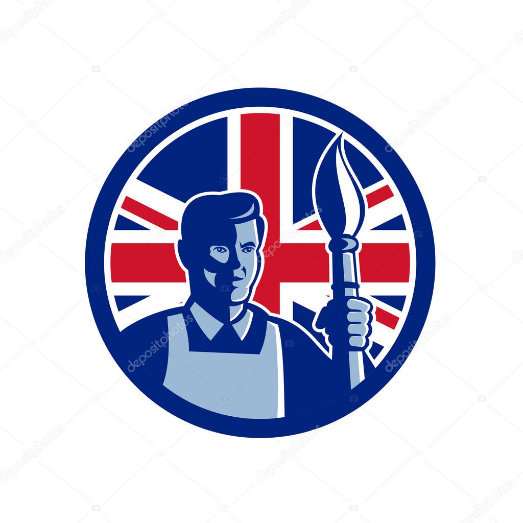 Icon retro style illustration of a British fine artist or painter holding paint brush with United Kingdom UK, Great Britain Union Jack flag set inside circle on isolated background.