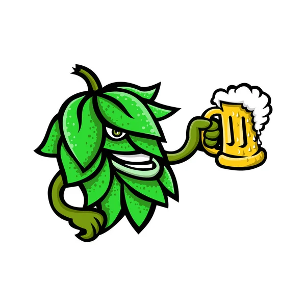 マスコット アイコン イラスト ビールのホップ 花や種子のコーンまたはエールのマグを飲んでホップ植物のこん棒はレトロなスタイルで孤立した背景の側から見た — ストックベクタ