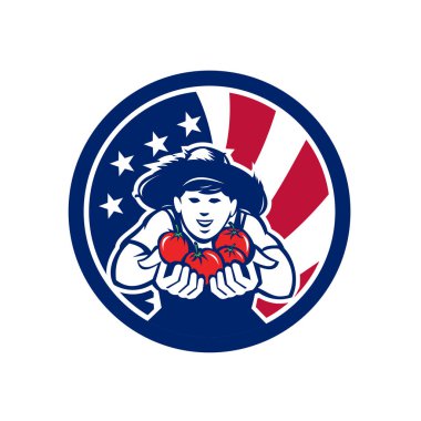 Simge retro tarzı çizimi bir Amerikalı organik yetiştirilen domates çiftçi Amerika Birleşik Devletleri ABD star spangled banner veya yıldız ile üretmek ve çizgiler içinde izole daire arka plan bayrak.