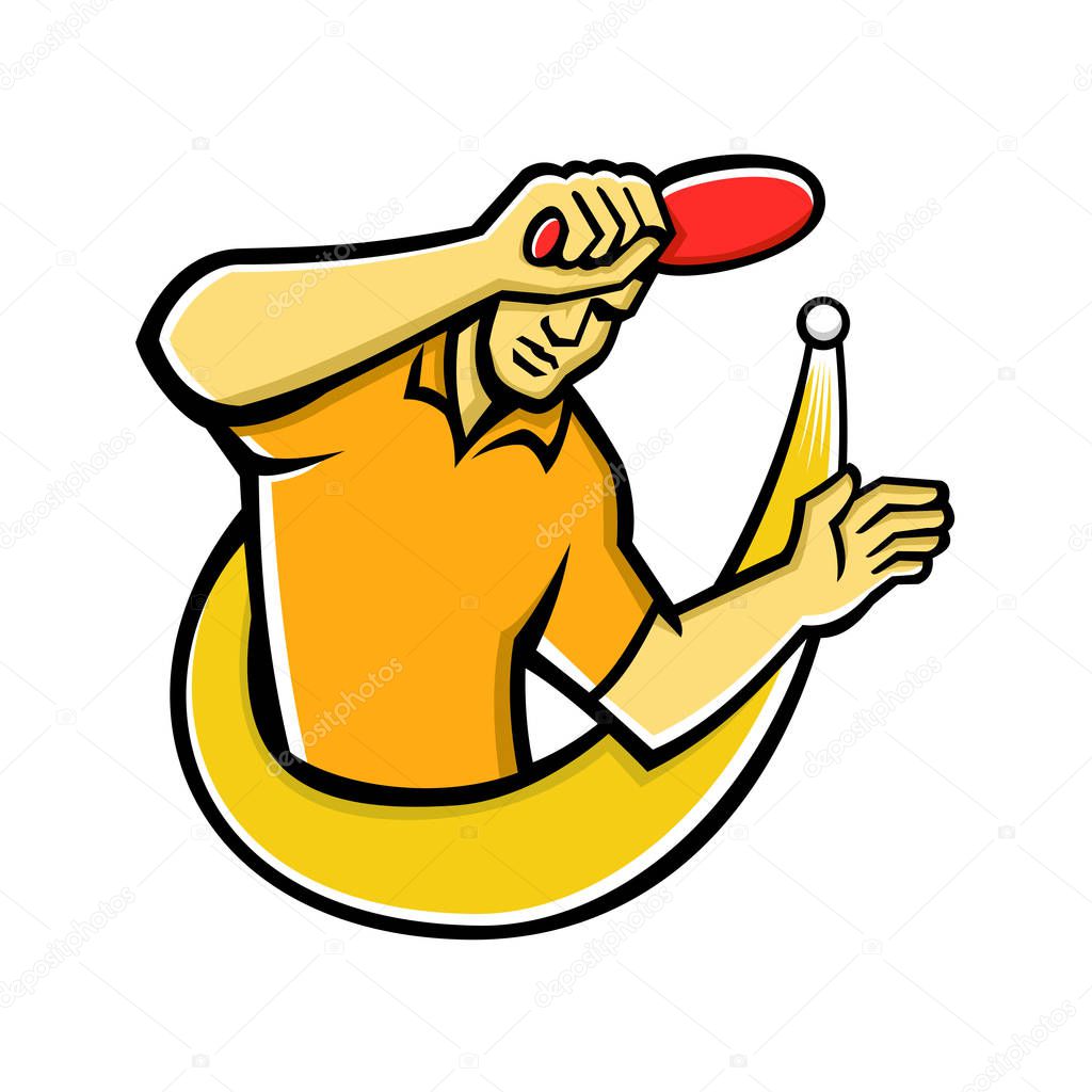 Mascot icon illustration of a table tennis or ping-pong player smash hit or smashing ping pong ball with paddle or racket viewed from front on isolated background in retro style.
