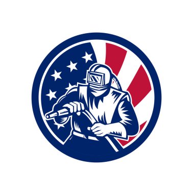 Icon retro style illustration of an American sandblaster, abrasive blasting or sandblasting with United States of America USA star spangled banner stars and stripes flag in circle isolated background. clipart