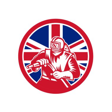 Simge retro tarzı bir İngiliz Kumlama cihazının gösterimi, aşındırıcı patlatma veya, ile İngiltere İngiltere'de, Büyük Britanya'nın Birliği Jack bayrağı ayarlanmış dairesi üzerinde Kumlama arka plan izole.