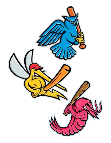 Sporting Pet Icon Illustration Set Wildlife Baseball Player Great Horned — Vector de stock