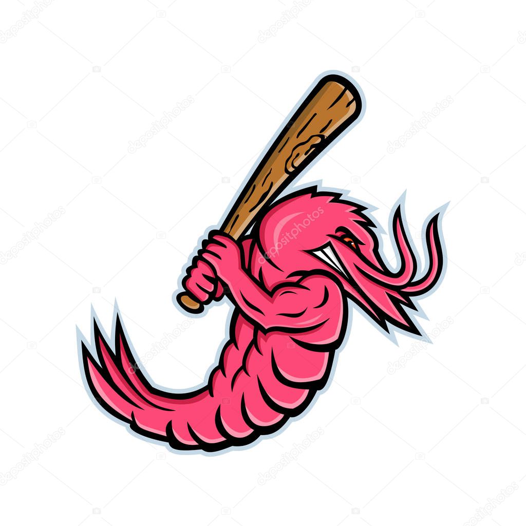 Mascot icon illustration of a king prawn or jumbo shrimp, as baseball player batting with baseball bat viewed from side on isolated background in retro style.