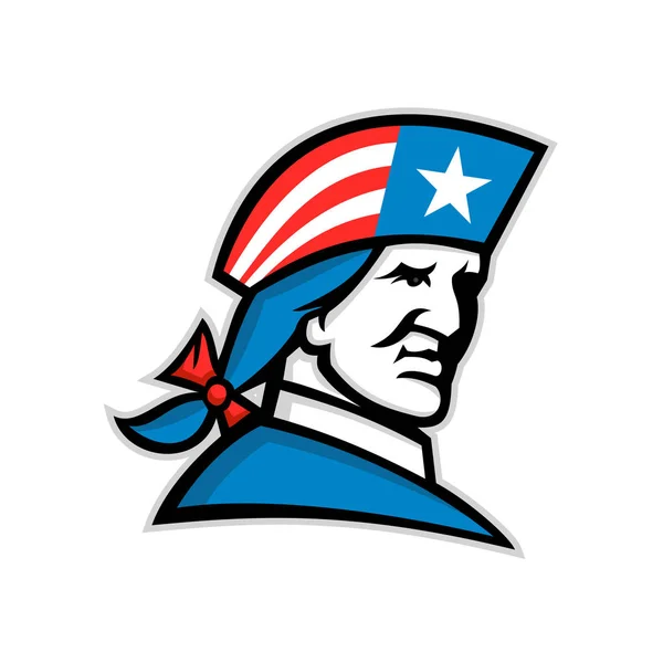 Maskotka Ikona Ilustracja Głowy Amerykański Patriota Minuteman Lub Rewolucjonista Flagą — Wektor stockowy