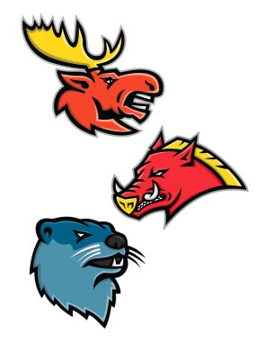 Spor maskot simge illüstrasyon seti boğa geyiği veya elk, razorback, yabani domuz, yaban domuzu ya da yaban domuzu ve nehir su samuru veya izole arka planda retro tarzı tarafında her bakıldığında ortak su samuru gibi Kuzey Amerika yaban hayatı başkanları.