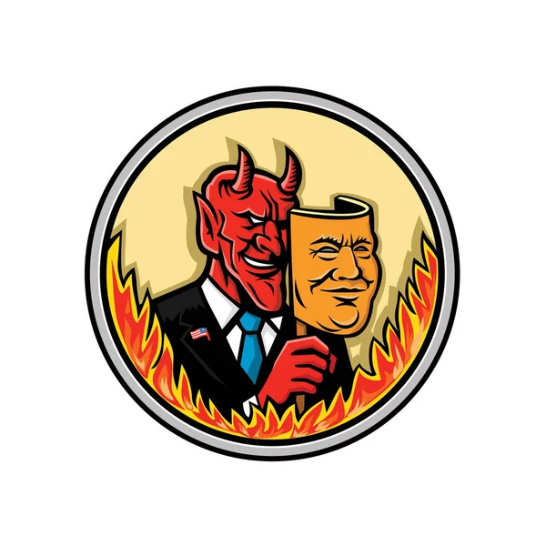 Maskotka Ikona Ilustracja Biust Demonów Diabeł Szatan Trzymając Maskę Amerykańskiego — Wektor stockowy