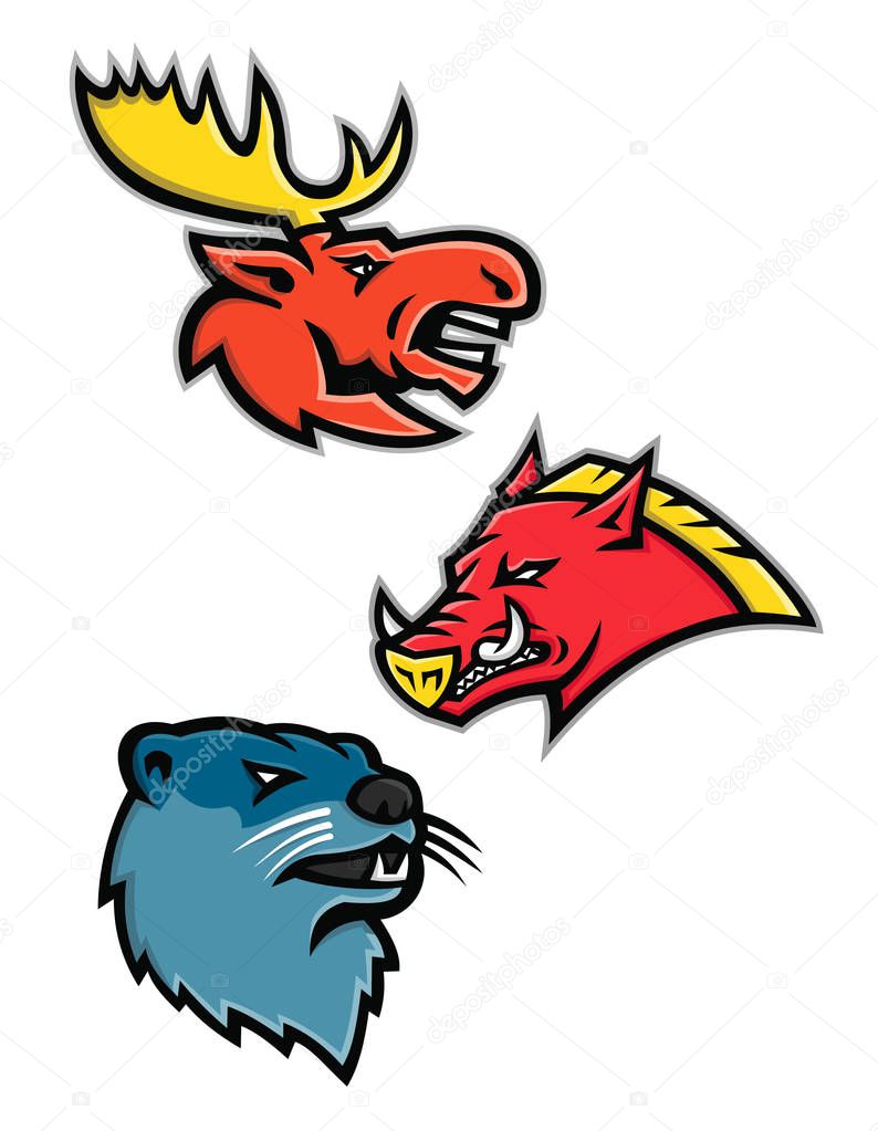 Sports mascot icon illustration set of heads of North American wildlife like the bull moose or elk, razorback, feral pig, wild hog or boar and the river otter or common otter  viewed from side  on isolated background in retro style.