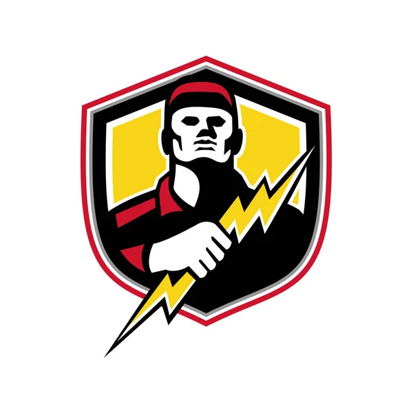Mascot Icon Illustration Bust Power Lineman Electrician Holding Thunderbolt Lightning — Stock Vector