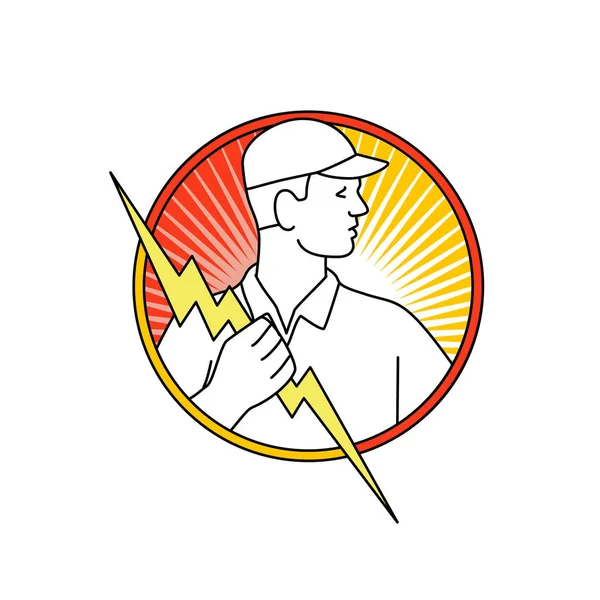 Mono Linha Ilustração Eletricista Lineman Poder Segurando Raio Parafuso Trovão — Vetor de Stock