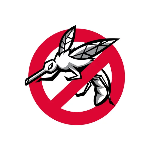 吉祥物图标说明停止蚊子标志 标志或标志显示愤怒的蚊子飞行从侧面看在复古风格的孤立背景 — 图库矢量图片