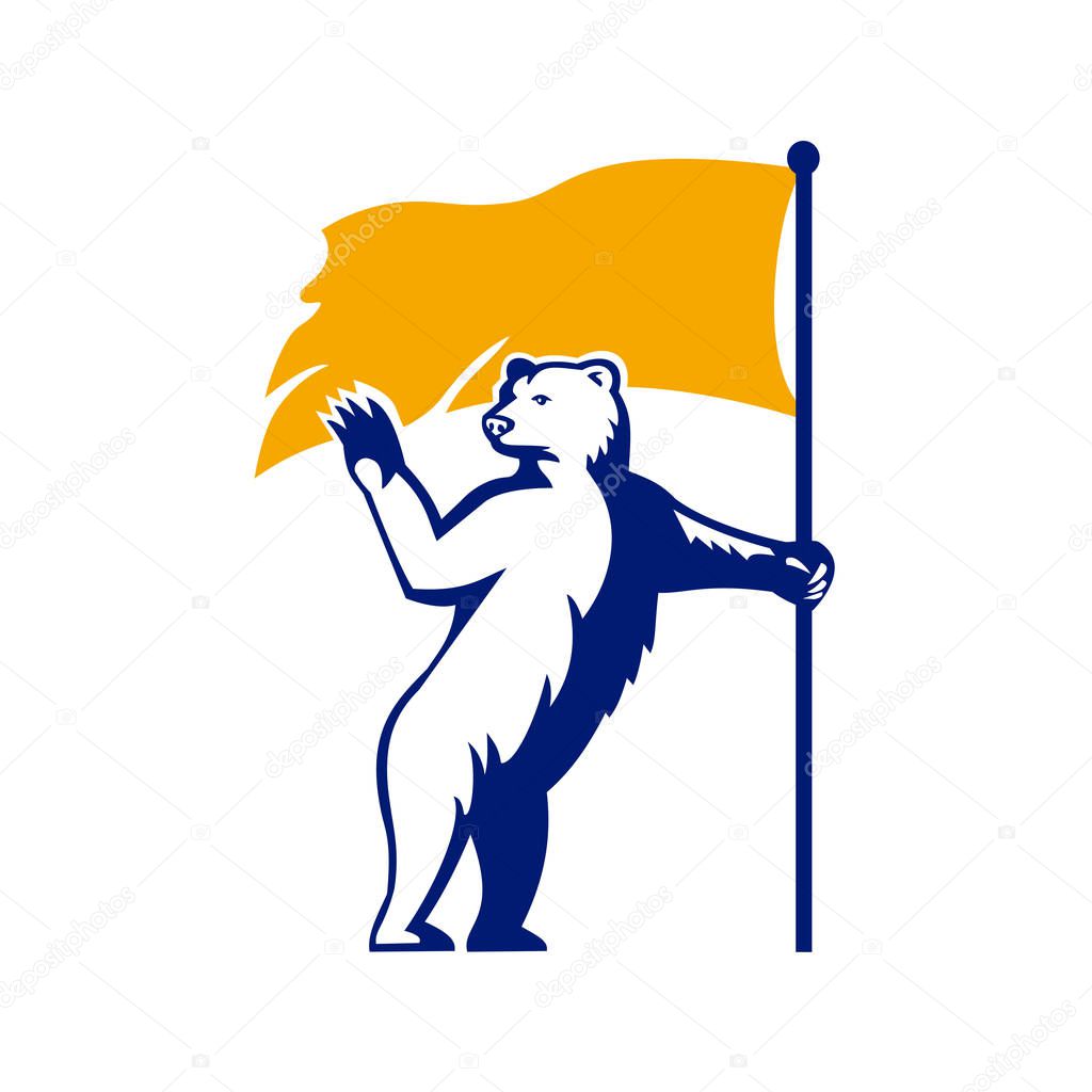 Mascot icon illustration of a polar bear waving and holding a flag looking to forward viewed from side on isolated background in retro style.