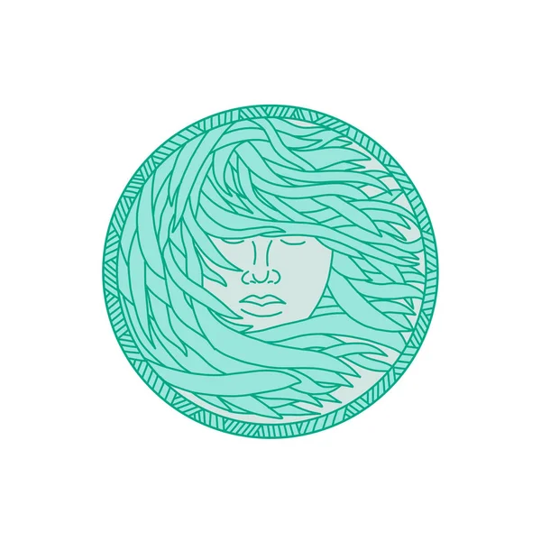 Mono Line Illustration Face Polynesian Woman Flowing Sea Kelp Hair — Stock Vector