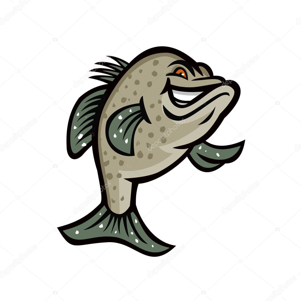 Mascot icon illustration of a crappie, croppie, papermouths, strawberry bass, speckled bass, specks, speckled perch, crappie bass or calico bass, standing up viewed from front done in retro style.