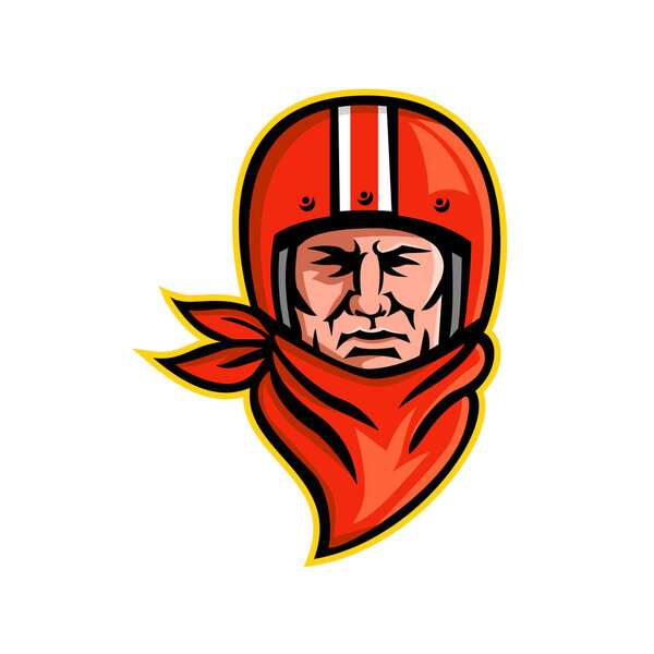 Mascot icon illustration of head of a male biker or motorcycle club rider wearing a vintage helmet and bandanna or scarf viewed from front on isolated background in retro style.