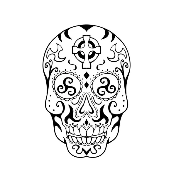 멕시코 두개골 Calavera Triskelion 소켓에 흑인과 백인에 앞에서 크로스 Triskele와 — 스톡 벡터