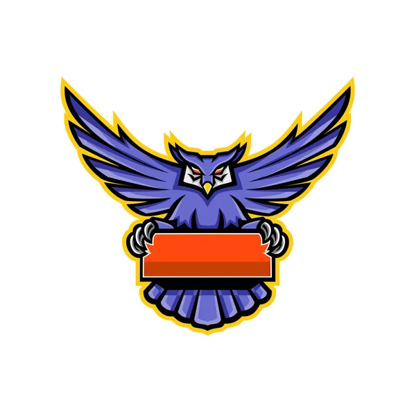 Maskotka Ikona Ilustracja Great Horned Owl Skrzydłami Rozprzestrzeniania Trzymając Transparent — Wektor stockowy