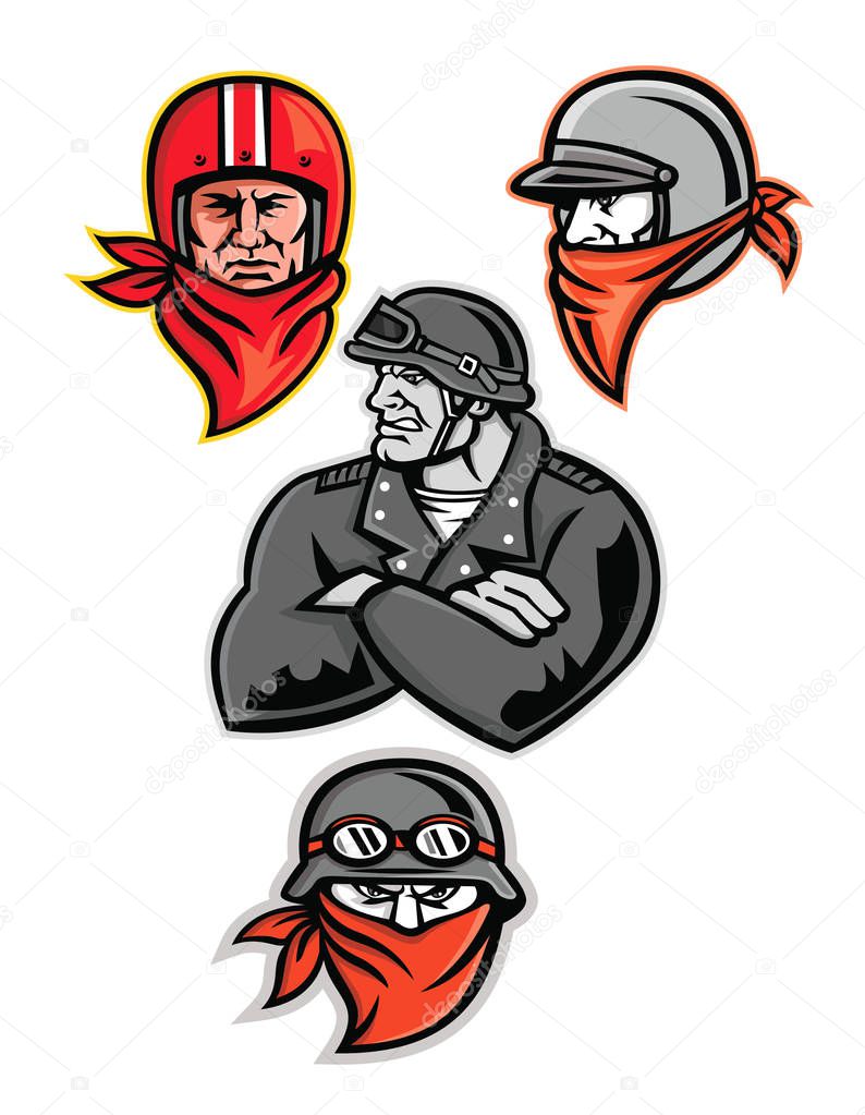 Mascot icon illustration set of heads of a male biker or motorcycle club rider, outlaw or bandit wearing a vintage helmet and bandanna or scarf viewed from  on isolated background in retro style.