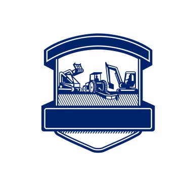 Badge icon retro style illustration of heavy equipment used in tree mulching, bush hogging and excavation services set inside shield on isolated background done in blue and white. clipart