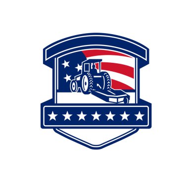 Badge icon retro style illustration for brush hogging service showing a brush or bush hog or rotary mower set inside shield with American stars and stripes USA flag in background. clipart