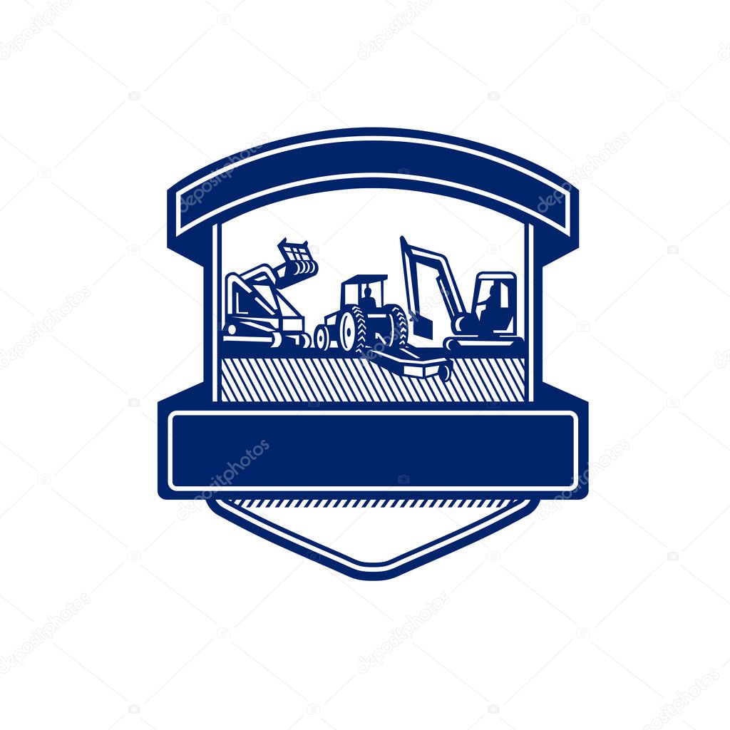 Badge icon retro style illustration of heavy equipment used in tree mulching, bush hogging and excavation services set inside shield on isolated background done in blue and white.