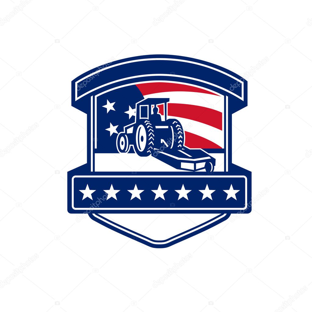 Badge icon retro style illustration for brush hogging service showing a brush or bush hog or rotary mower set inside shield with American stars and stripes USA flag in background.