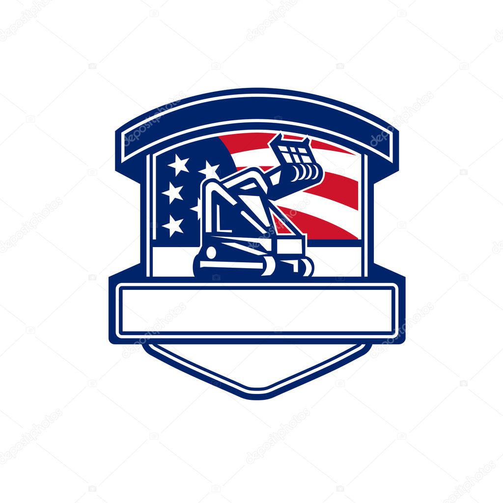 Badge icon retro style illustration for tree mulching service showing a tree mulcher or forestry cutter set inside shield with American stars and stripes USA flag in background.