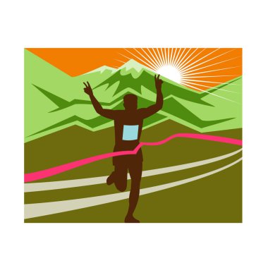 Retro tarzı illüstrasyon maraton yarışı son işlemci koşucusu zafer el işareti kar ile yanıp sönen bir silueti şapkalı dağlar ve kuvvetli güneş ışığı ve bitiş çizgisine şerit bant içinde ekstra geniş yatay biçimi.