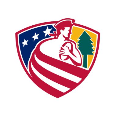 Maskot simge tasarlamak top ve çam ağacı ile rugby oyuncusu olarak bir Amerikalı vatanseverin ABD yıldızlarda bol dökümlü ve çizgili kalkan veya retro tarzında yapılan crest içinde ayarla spangled banner bayrak yıldız.