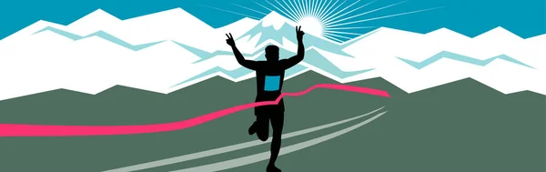 复古风格插图马拉松赛跑运动员闪光胜利手标志与雪山和森伯斯特和完成线带状磁带在超宽水平格式 — 图库矢量图片
