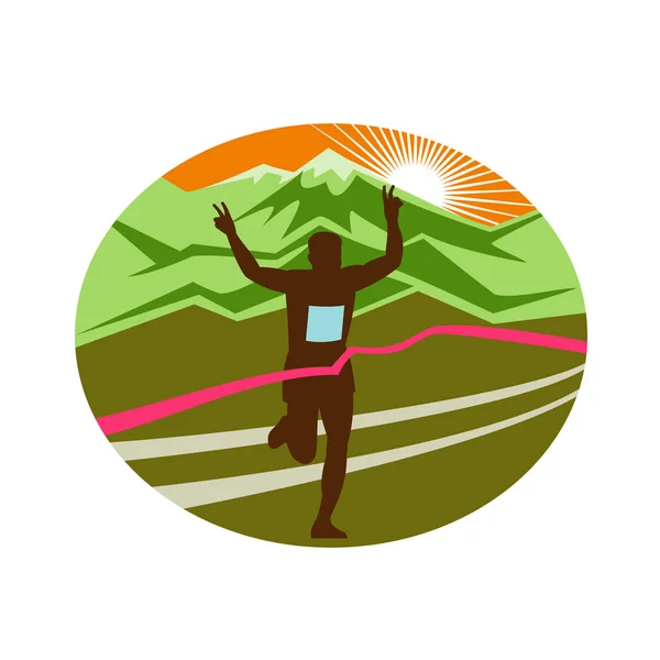 Retro Style Illustration Silhouette Marathon Finisher Runner Flashing Victory Hand — Stock Vector
