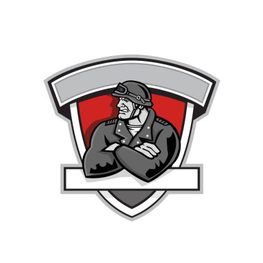 Maskot simge tasarlamak vintage miğfer silah ile bir kızgın motosiklet çetesi motorcu büstü, küme katla kalkan sorguç izole arka planda retro tarzı geçti.