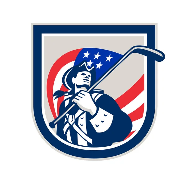 Illustration American Patriot Holding Usa Stars Stripes Flag Ice Hockey — Stock Vector