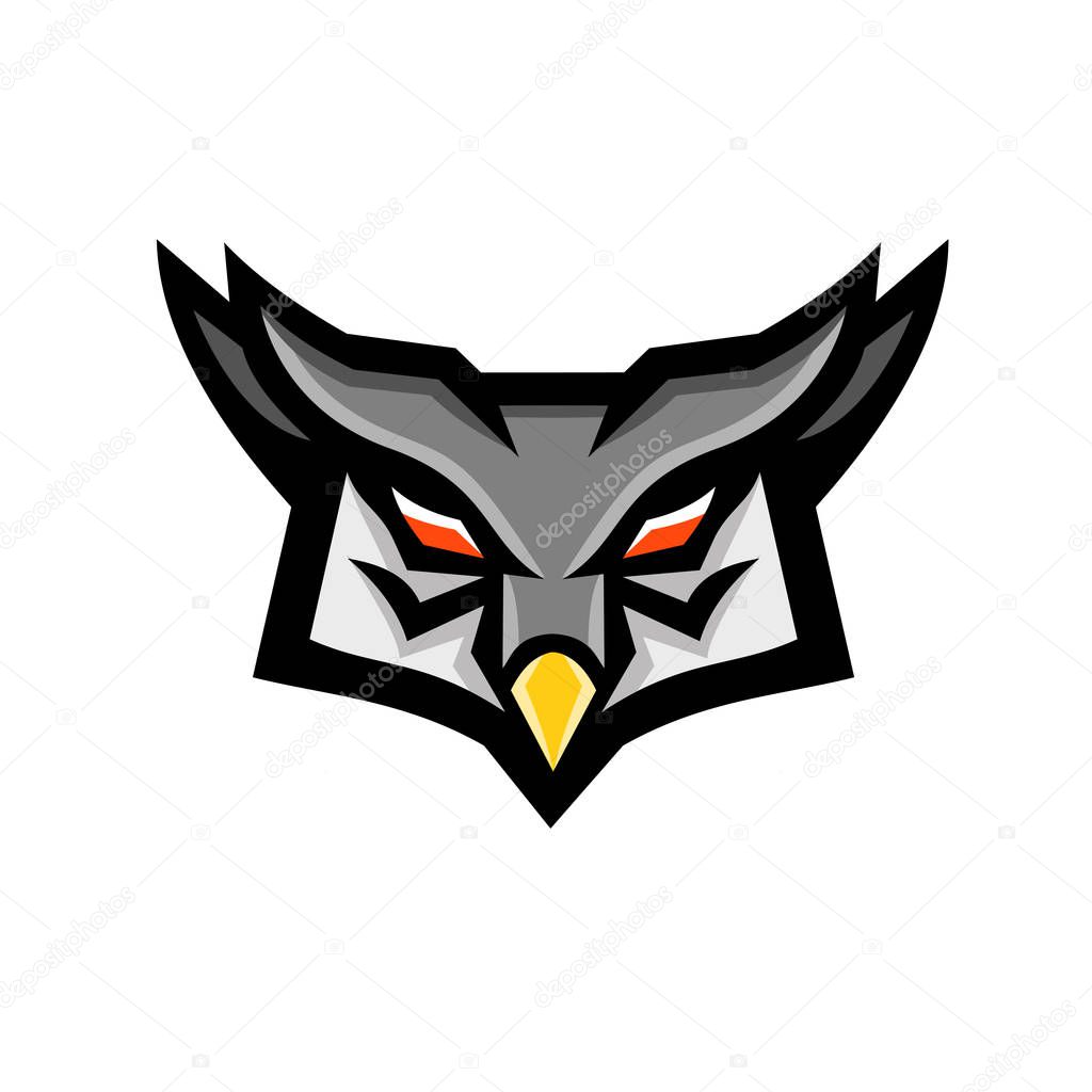 Mascot icon illustration of a head of an angry or aggressive great horned owl viewed from front on isolated background in retro style.