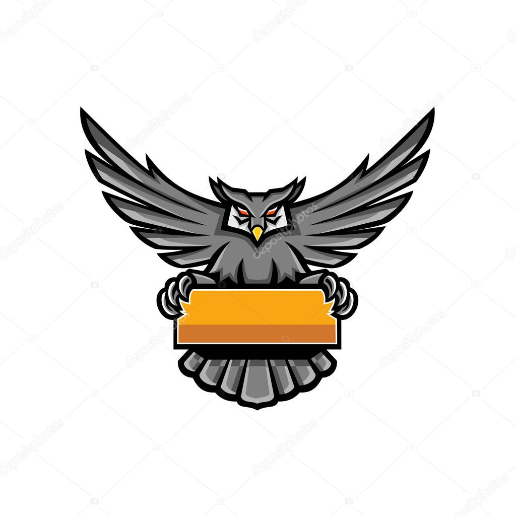 Mascot icon illustration of a great horned owl with wings spread holding up a banner sign viewed from front on isolated background in retro style.