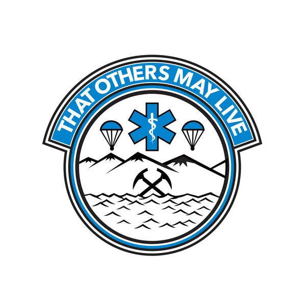 徽章图标说明海上 空中和陆地救援显示降落伞 医护人员的标志 越过山冰轴设置内圈在孤立的背景与字 其他人可能会活 — 图库矢量图片