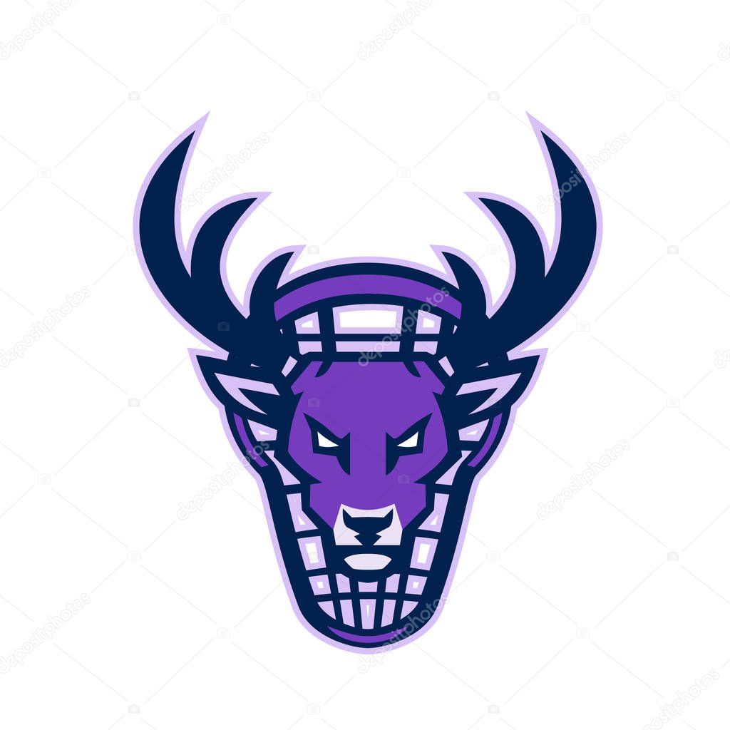 Mascot icon illustration of head of a deer, buck or stag viewed from front with lacrosse stick in background.