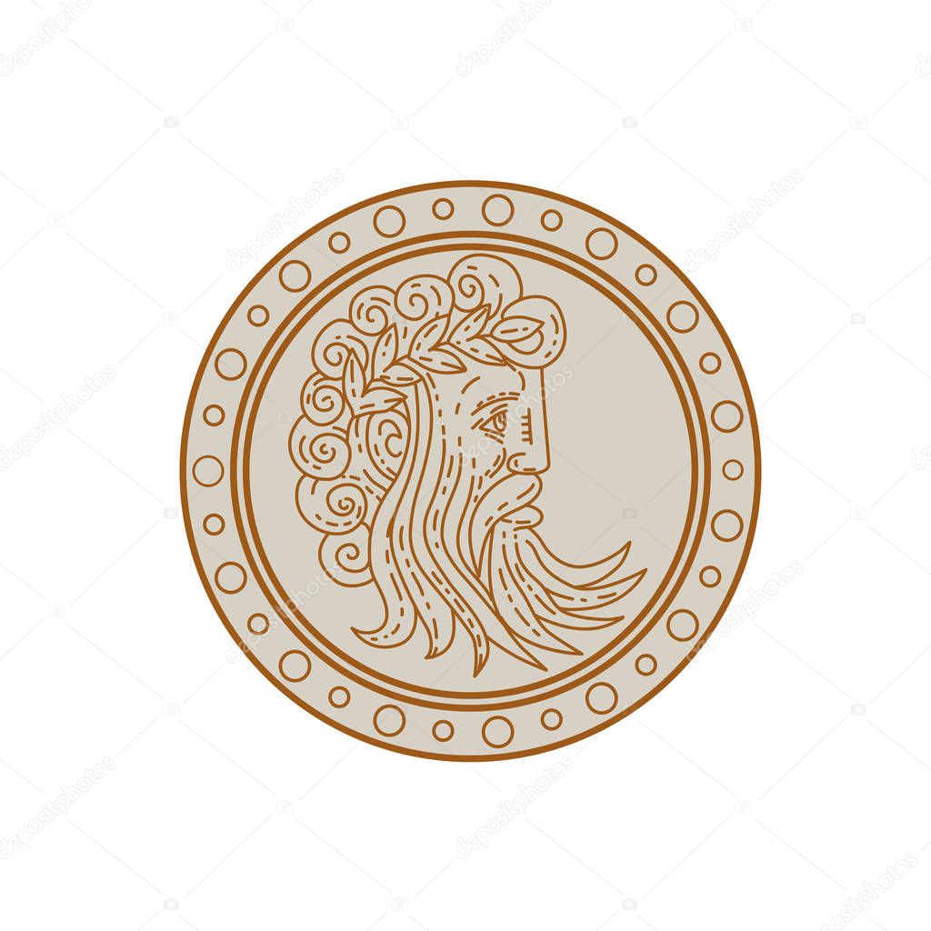 Mono line illustration of Jupiter, god of light and sky, the supreme god of the Roman pantheon, his Greek equivalent is Zeus viewed from side done in monoline style.
