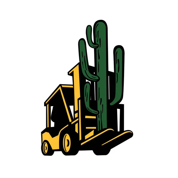 Illustration Style Rétro Chariot Élévateur Soulevant Une Plante Cactus Vue — Image vectorielle