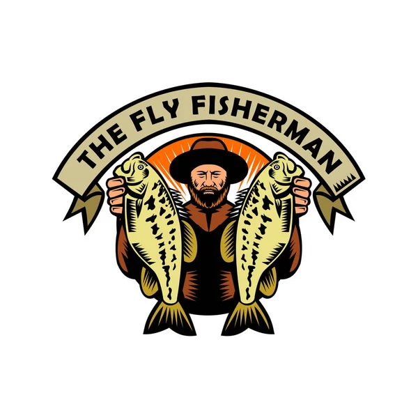吉祥物图标插图一只苍蝇渔夫戴着一顶帽子拿起两个大嘴低音从前面看在复古木刻风格的孤立背景下 苍蝇渔夫 — 图库矢量图片
