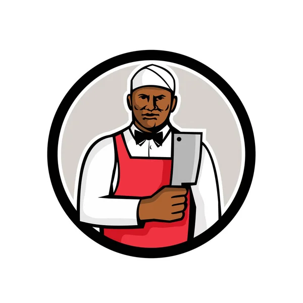 Ilustração Estilo Mascote Açougueiro Negro Afro Americano Segurando Cutelo Carne — Vetor de Stock