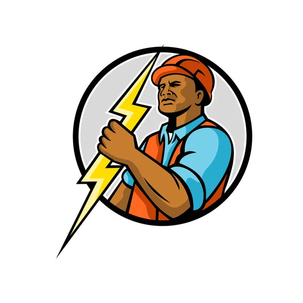 Mascotte Illiustratie Van Een Zwarte Afro Amerikaanse Elektricien Elektriciteitsleider Met — Stockvector