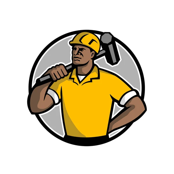 マスコット イラスト黒アフリカ系アメリカ人解体労働者 労働者や建設労働者モール セット レトロなスタイルで行われる分離の白い背景の上の円の中に — ストックベクタ