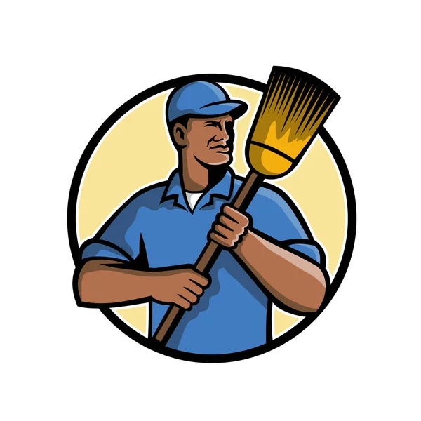 Mascota Ilustración Barrendero Negro Afroamericano Limpiador Calles Sosteniendo Una Escoba — Vector de stock