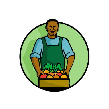 Maskot resimde siyah Afro-Amerikan Yeşil bakkal veya meyve ve sebze tutan manav üretmek retro tarzında yapılan izole beyaz arka plan üzerinde daire kümesinde.