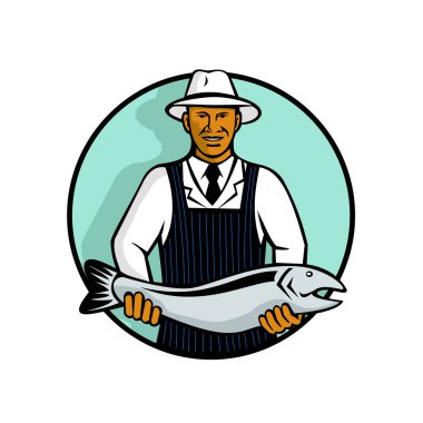 Mascot illustration of a black African American fishmonger holding a trout or salmon fish set inside circle on isolated white background done in retro style. clipart